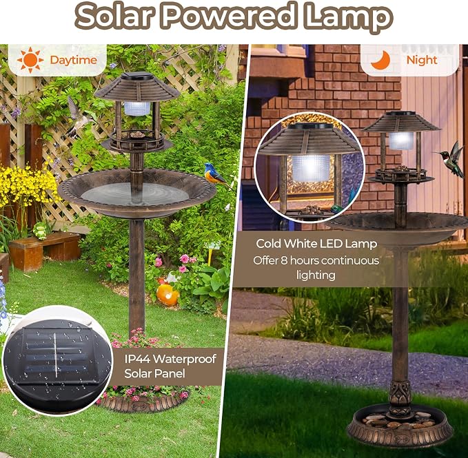 LDAILY Outdoor Bird Bath, 42’’ Solar Lighted Pedestal Birdbaths with Birds Feeder ,20’’ Water Bowl, Flower Planters and 3 Stakes, Attract Birds Antique Bird Bath for Outside Garden, Yard (Bronze, 42‘’)