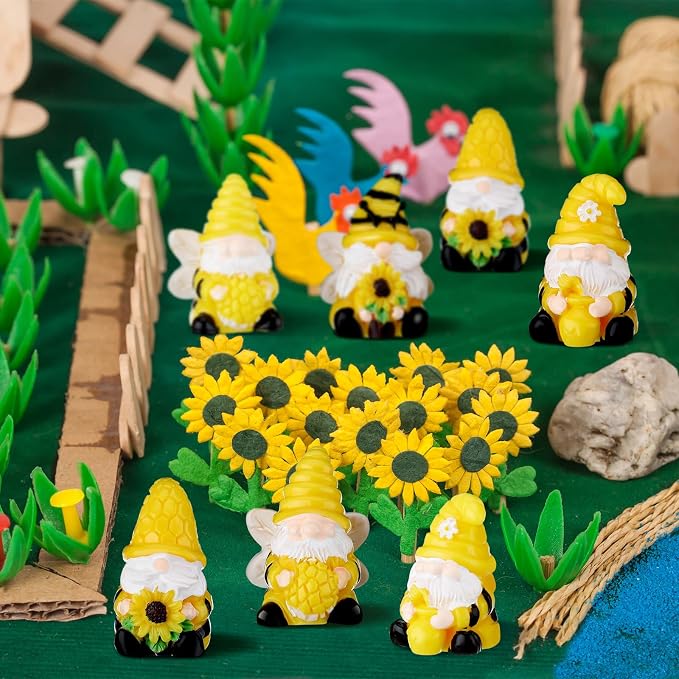 Yuntau 80 Pcs Bee Sunflower Mini Gnomes Bulk Mini Resin Gnomes Figurines Miniature Resin Statues for Summer Birthday Gifts Home Yard Lawn Garden Landscape Patio Decor