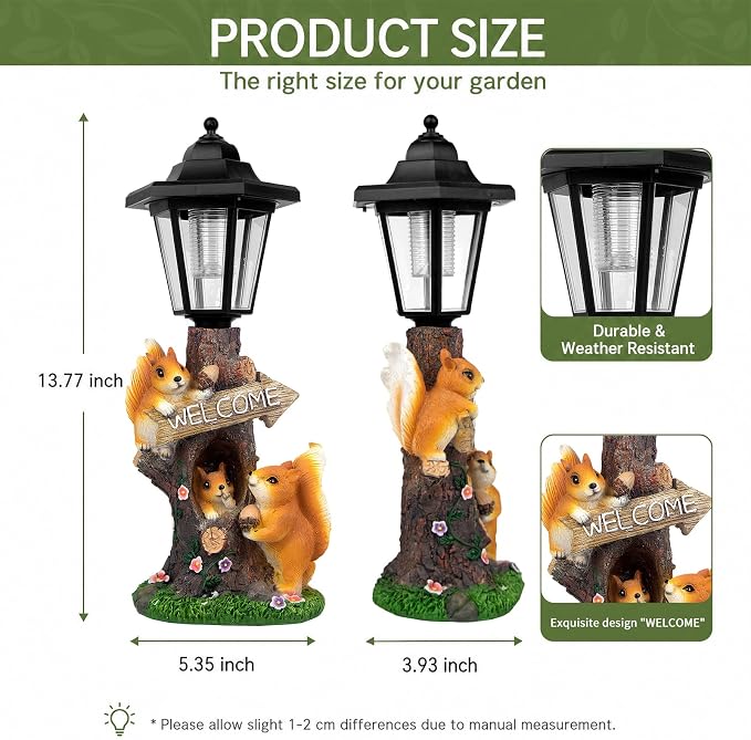 Solar Squirrel Garden Statue, Outdoor Decor with LED Lantern for Patio Lawn Pathway Landscape Decoration Gifts for Mother's Day Birthday Housewarming