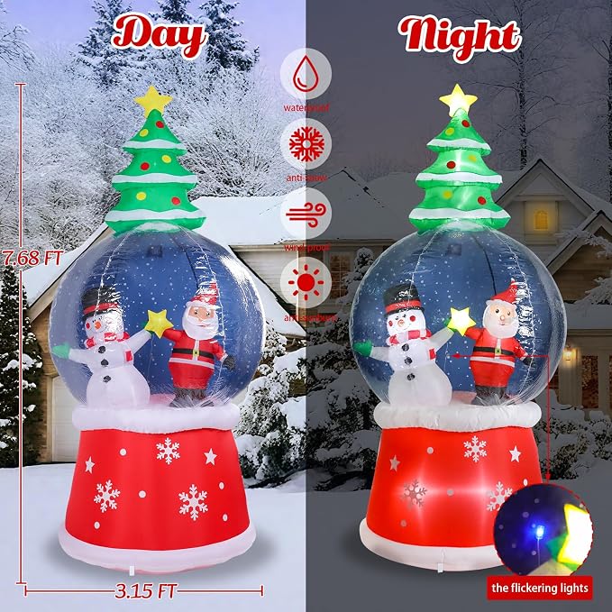MUMTOP Inflatable Snow Globe-Christmas Inflatable Outdoor Decoration - 7.68 FT Snowglobe Inflatable Outdoor with Snowman and Santa Inside Lighted Blow Up Inflatables for Garden Yard Outside Decor