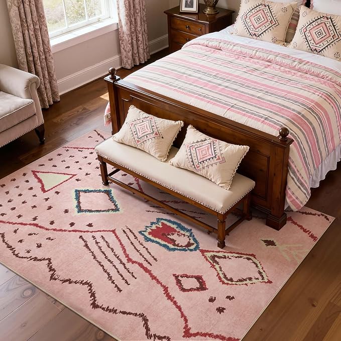 jinchan 5x7 Pink Hot Nerd Rug Modern Boho Geometric Washable Bedroom Rug | Moroccan Inspired, Artistic Pattern, Colorful Details, Washable, Soft Touch, Non-Slip, Low Pile, Living Room, Dining Room