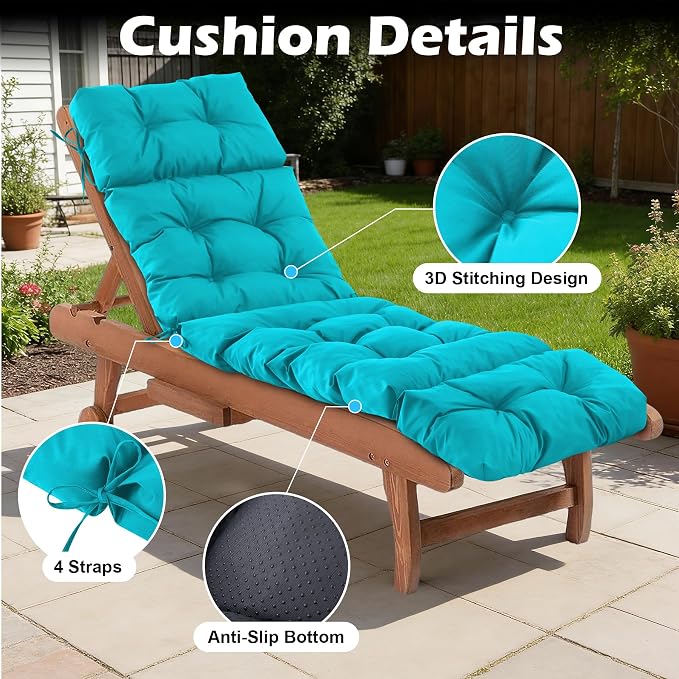 IASEAHK 2 Pcs Chaise Lounge Cushions Outdoor,Waterproof & Fade Resistant Patio Lounge Chair Cushions for Outdoor Furniture, Chaise Cushion with Ties for Pool, Lawn and Beach, 75.1x22.8x4.7 Inch, Teal