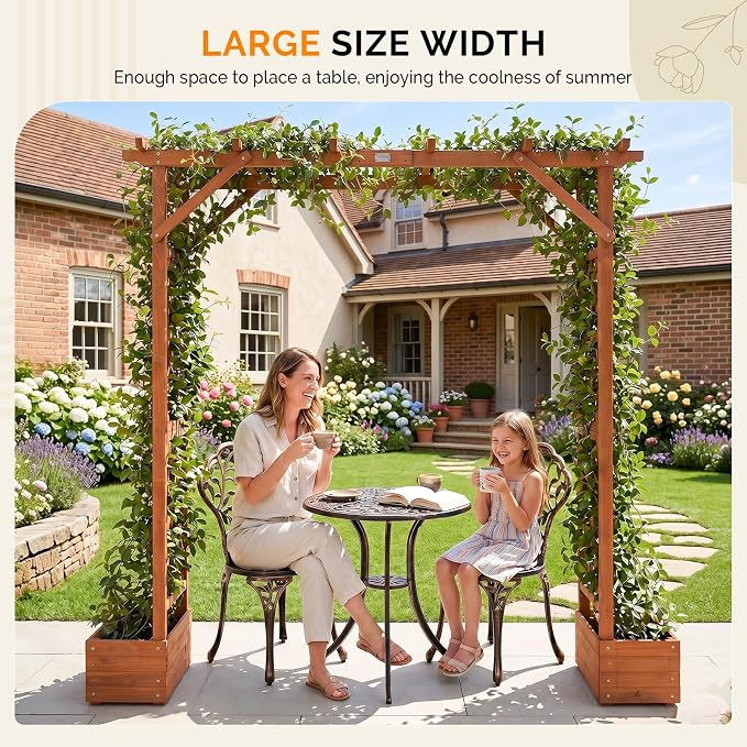 VINGLI Wooden Garden Arbor with Planter, Wedding Arch for Ceremony, Wood Garden Arbour Trellis for Plant Climbing, Pergola for Garden Backyard, Lawn, Outdoor (Golden Brown)