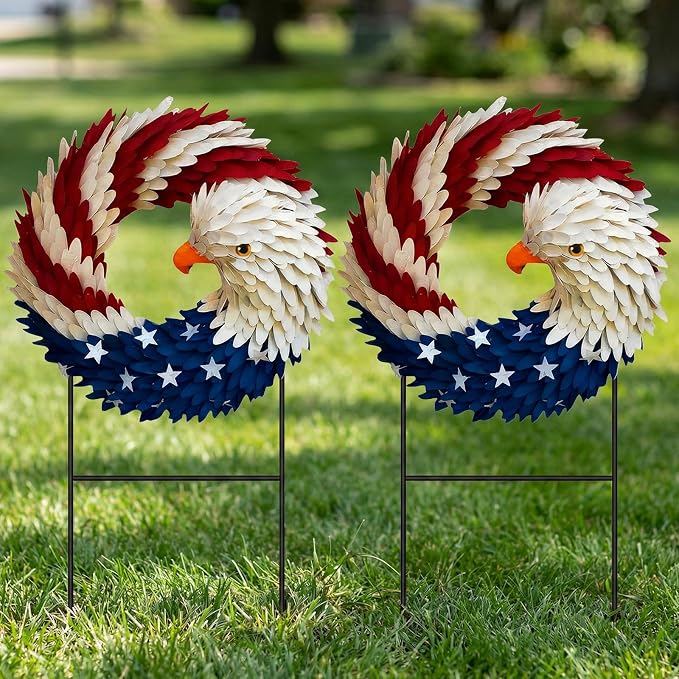 Amyhill 2 Pcs 4th of July Outdoor Decor Patriotic Eagle Metal Garden Stakes Welcome Yard Signs Red White Blue Garden Stakes for 250th Anniversary Independence Memorial Day Patio Lawn Walkway Outside