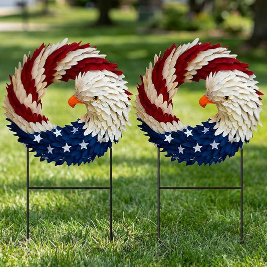 Amyhill 2 Pcs 4th of July Outdoor Decor Patriotic Eagle Metal Garden Stakes Welcome Yard Signs Red White Blue Garden Stakes for 250th Anniversary Independence Memorial Day Patio Lawn Walkway Outside