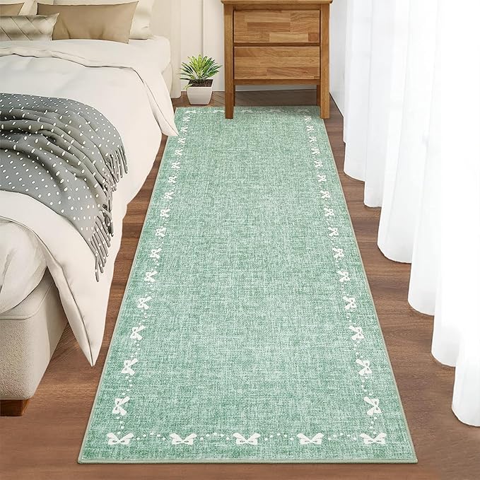 COZYLOOM Hallway Runner Rug 2x6 Bow Bordered Rug for Bedroom, Modern Solid Color Machine Washable Area Rugs Non Slip Stain Resistant Soft Carpet for Kitchen, Entryway, Bathroom, Green
