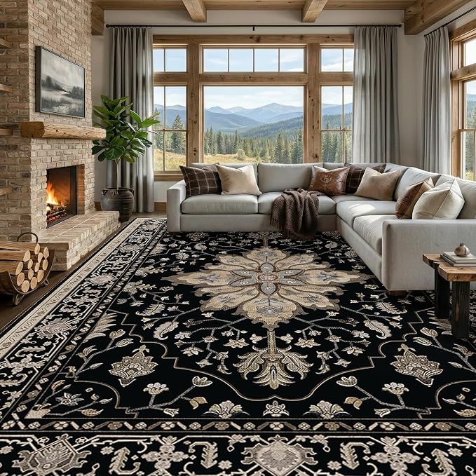 RELEANY Washable Area Rug, Large 10'x12', Black/Neutral | Non-Slip, Water Repellent, Pet Friendly, Easy to Clean, Vintage Floral Boho Decor for Living Room Bedroom Dining Room