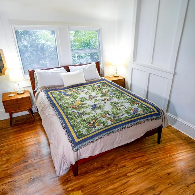 Pure Country Weavers Songbirds Blanket by Elena Vladykina - Bird Garden Floral Gift Tapestry Throw Woven from Cotton - Made in the USA (72x54)