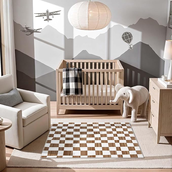 jinchan 3x5 Area Rug Washable Modern Checkered Rug for Kids Room, Brown | Geometric Lattice, Soft, Non-Slip, Floor Carpet, Kitchen, Nursery, Bedroom, Living Room, Entryway, Bathroom, Nursery Playroom