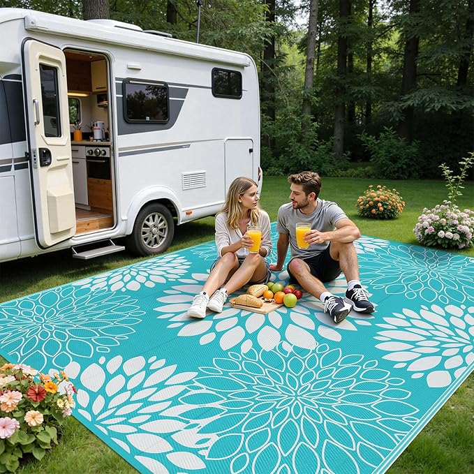 Ileading Waterproof Outdoor Rug 8x10, Reversible Plastic Straw Patio Rug, Portable Indoor Outdoor RV Camping Mat Carpet for Deck, Porch, Balcony, Backyard, Picnic, Floral Teal
