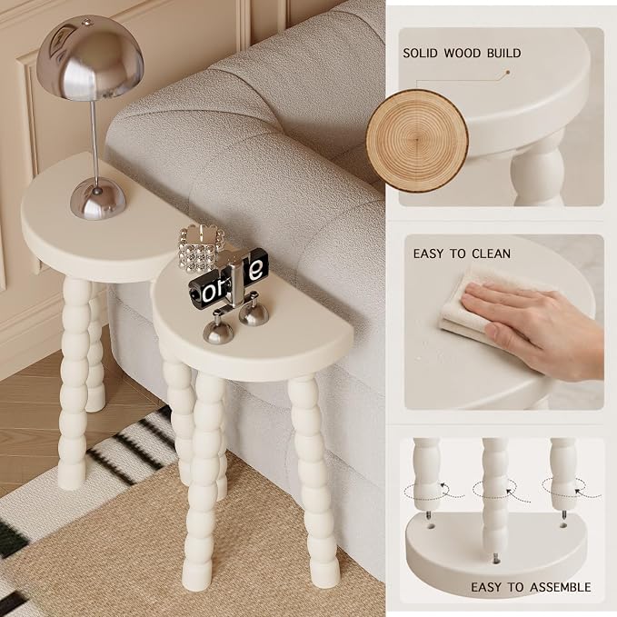 LitaEther Bobbin Side Table, Solid Wood Half Moon End Table, Small Wooden Accent Table with Chunky Turned Legs, Plant Stand for Living Room Bedroom Entryway, Modern Farmhouse Bedside Table, White