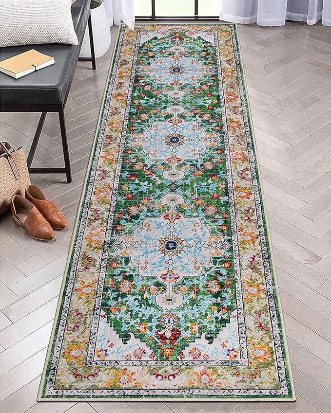 U'Artlines 2' x 8' Boho Hallway Runner Rug Non Slip Washable Runners,Green | Vintage Farmhouse Kitchen Rug Accent Area Carpet for Entryway Laundry and Living Room