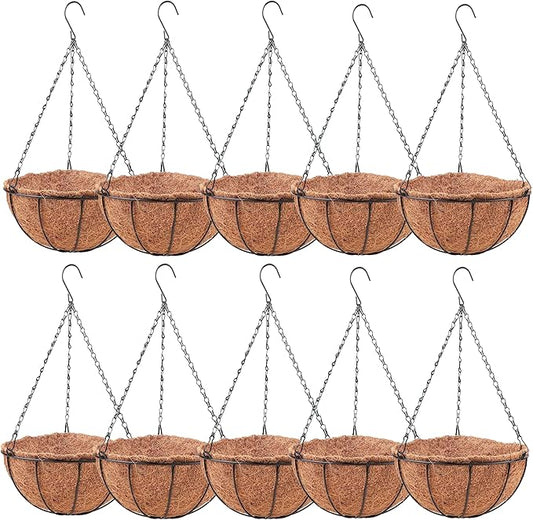 LaLaGreen Hanging Baskets (8 Inch, 10 Pack) Small Hanging Planter with Coco Liner Round Flower Pots, Black Outdoor Planters Basket Metal Wire Holder Hook Deck Porch Modern Garden Balcony Decorations
