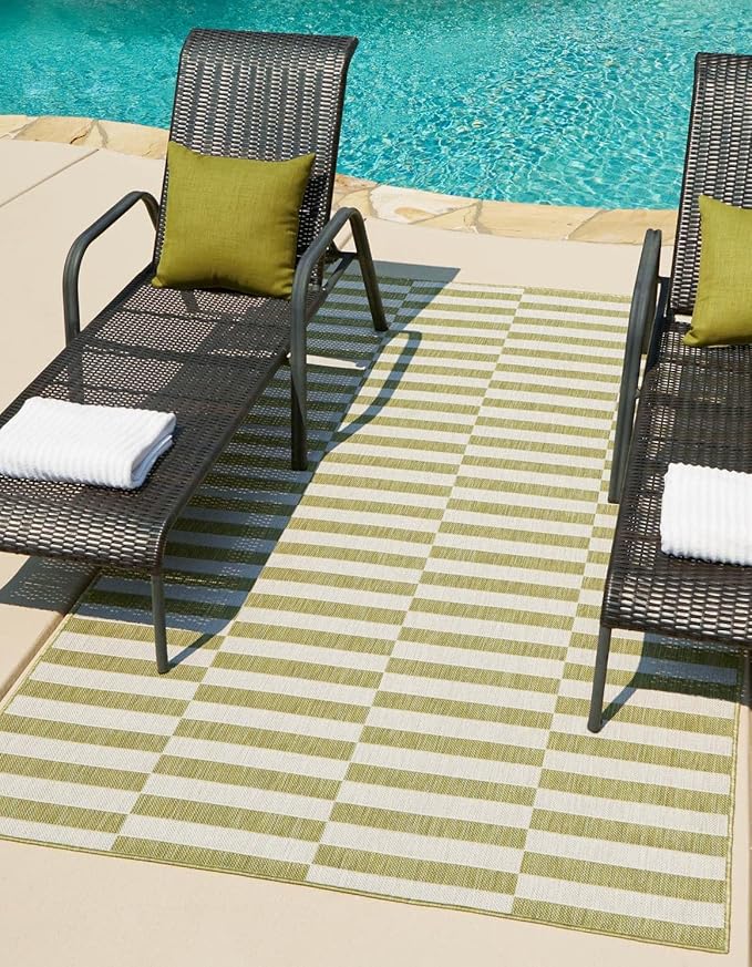 Unique Loom Outdoor Striped Collection Area Rug - Striped (10' x 14' Rectangle Green/Ivory)