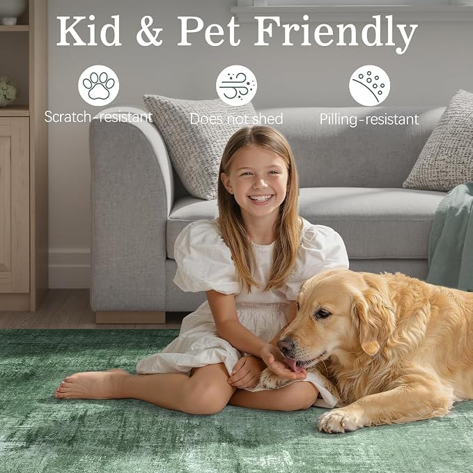 DCX Washable Abstract Area Rug 5x7, Non Slip Low Pile Rug, Green | Easy to clean, non-shedding, soft, kid & pet friendly, with a non-slip rubber backing for living rooms, bedrooms, and offices