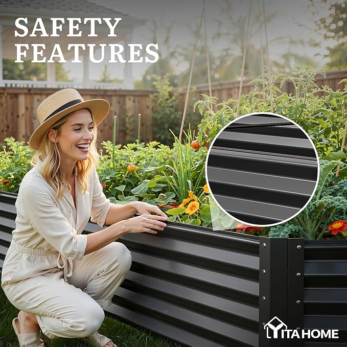 YITAHOME 2pcs 8x4x1.5ft Large Raised Garden Bed Kit, Galvanized Metal Planter Box with Gloves, Ground Nails & Safety Rubber, Outdoor Above Ground Planters for Plants Vegetables Flowers, Black