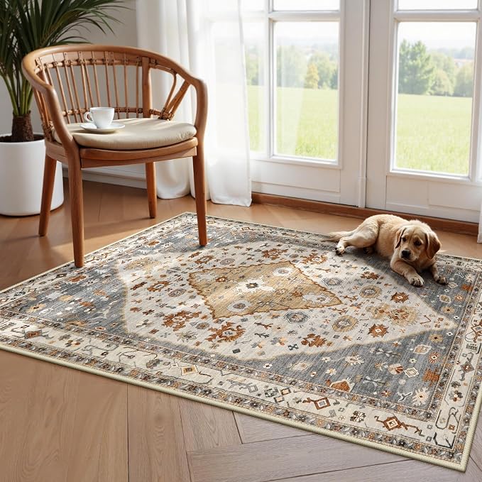 Lahome Felice 3x5 Rugs for Entryway, Machine Washable Kitchen Area Rug Non Slip Bedroom Rug, Oriental Vintage Soft Kid Pet Friendly Printed Indoor Throw Carpet for Bedside Bathroom Decor, Gold