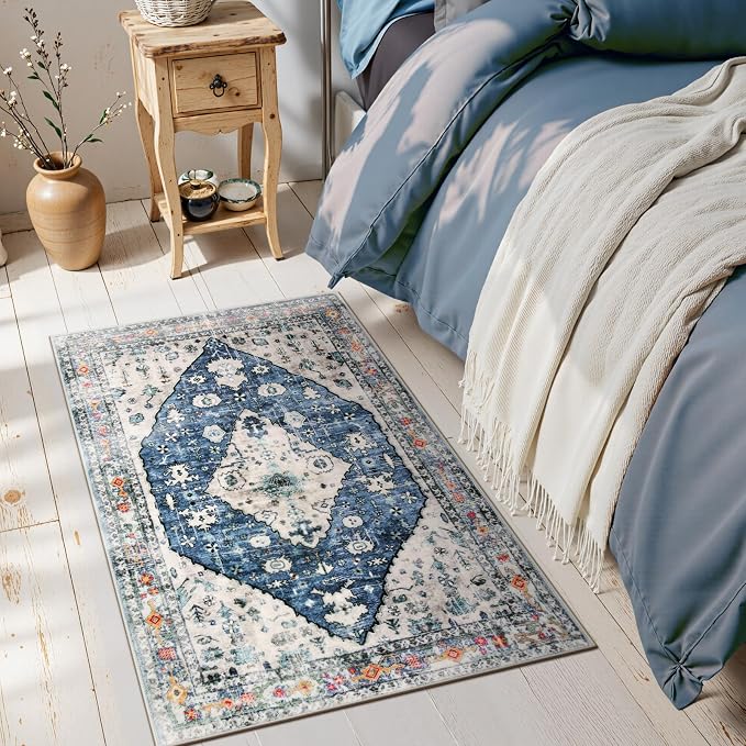 Lahome Felice Boho Tribal Area Rug - 2x3 Small Front Door Rug, Soft Non Slip Washable Entryway Mat Bohemian Low Pile Throw Doormat Carpet for Living Room Kitchen Laundry Bedroom Bathroom, Blue