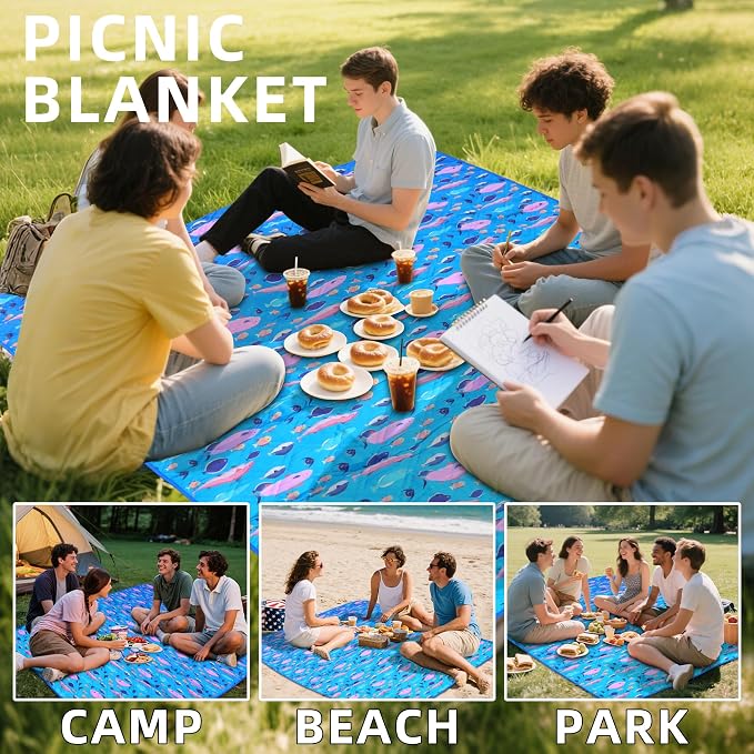 Picnic Blanket, 80x80 Inches, White Fish Pattern, Double Thickened with 150g Cotton, Portable Foldable with Leather Carry Strap