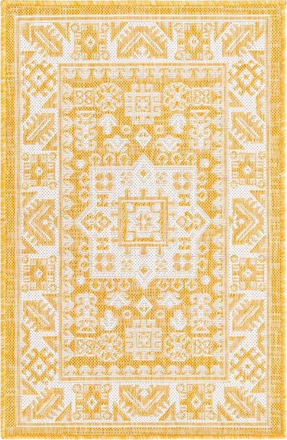 Unique Loom Outdoor Aztec Collection Area Rug - Chalca (2' 2" x 3' 1" Rectangle, Yellow/ Ivory)