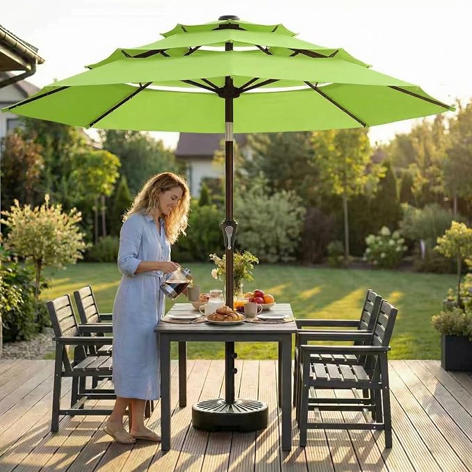 10ft 3-Tier Patio Umbrella with 32 Solar Powered LED Lights, Windproof Outdoor Market Umbrella for Deck, Poolside & Garden, Sturdy Push-Button Tilt Table Umbrella, Apple Green