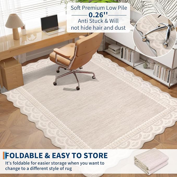 Garvee 2x6 Washable Scalloped Lace Runner Rug, Soft Rugs for Hallway Beige | Non Slip Entryway Rug, Scalloped Rug for College Playroom Kids Girls Room, Non-Shedding Low Pile Rugs Runner for Bedroom