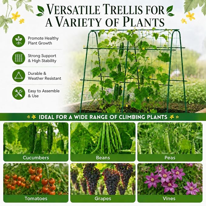 FOLLOOK Cucumber Trellis for Raised Garden Bed, Rustproof Metal Garden Arch Trellis for Climbing Plants Support Outdoor Fruit Grape Vine Vegetable Tomato Pole Bean Snap Pea Trellis, 48x48inch, Green