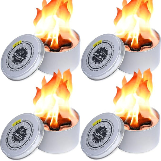 Radiate - 4 Pack Outdoor Portable Campfire - 2 Hours of Warmth and Burn Time - 4” Reusable Fire Pit for Camping, Smores, Cooking & Picnics - Recycled Soy Wax - Portable Fire Pit for Camping