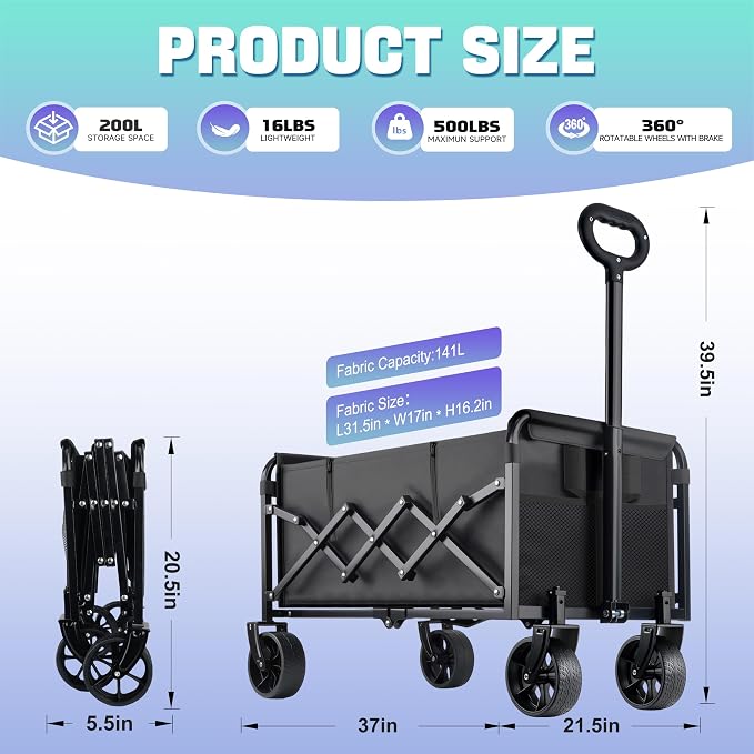 500LBS Collapsible Wagon Cart Foldable - 230L Large Heavy Duty Utility Cart with 360°Swivel Brake Wheels, Lightweight Collapsible Wagon for Groceries Camping & Beach