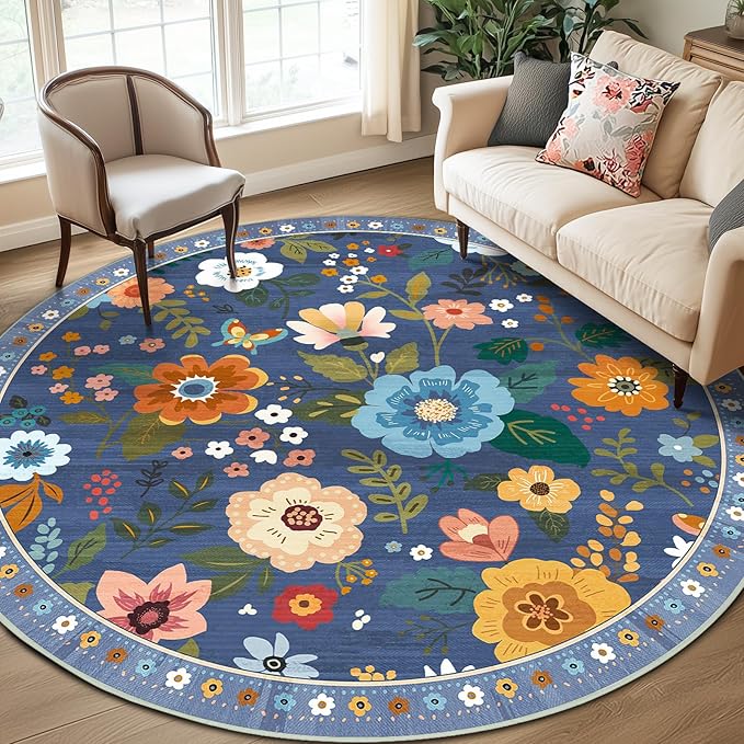 RELEANY Floral Washable Round 8ft Area Rug Blue/Grey | Flower Carpet, Print, Boho, Non-Slip, Easy to Clean, Soft, Low Pile for Living Room Bedroom Kitchen Office Entryway Hallway