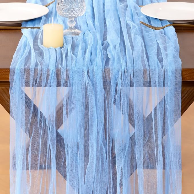 Socomi Blue Cheesecloth Table Runner Tulle Gauze Cheese clothBoho Rustic 120 inch 10FT Runner for Wedding Party Baby Shower Birthday Holiday Decorations 3pcs