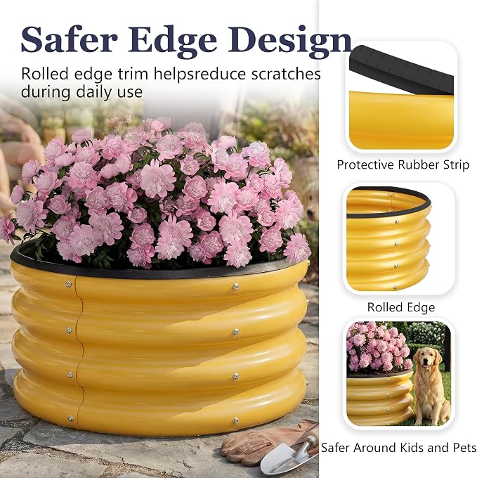2 x 2 x 1 ft Round Raised Garden Bed, Yellow 1 Pack 0.6 mm Thick Galvanized Steel Planter Box with Double Layer Paint and Safety Edge Trim for Vegetables Flowers Herbs Outdoor Garden