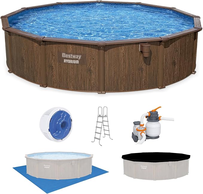 Bestway Hydrium 18' x 52" Steel Side Wall Above Ground Pool with Pump | Semi-Permanent All-Season Swimming Pool with Galvanized Steel Frame - Sand Filter Pump, Ladder, Cover, and Skimmer Included