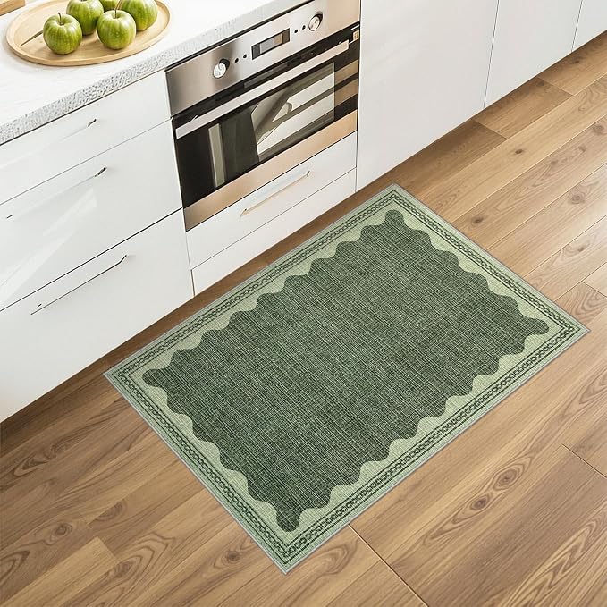 2x3 Scalloped Area Rugs Green Washable Entryway Bedroom Rug | Solid Small Area Rug Non Slip Scalloped Bath Mat, Front Door Mat Indoor Entrance,Soft Girls Nursery Dorm Carpet for Kitchen