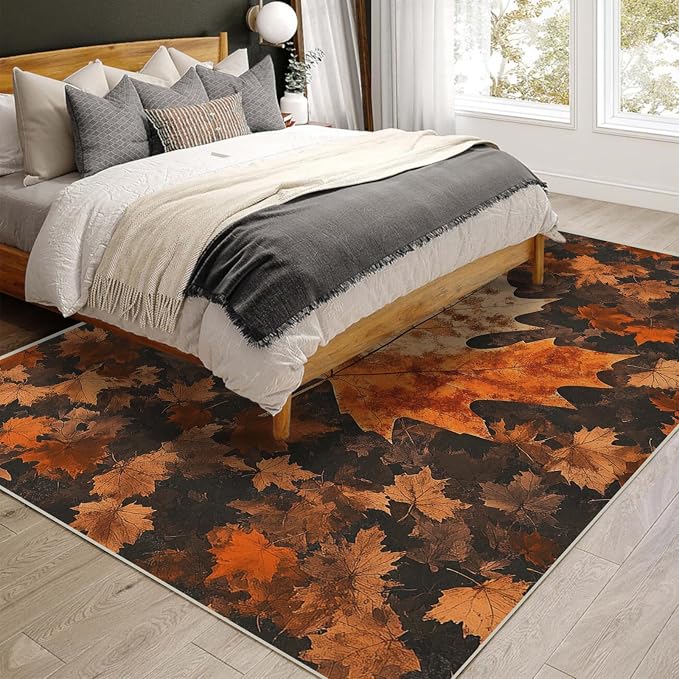 5x7 Maple Leaf Area Rugs Boho Maple Leaf Autumn Fall Vintage Rug for Living Room Indoor Soft Non-Slip Thin Carpet Modern Abstract Rugs for Dining Room Office Bedroom Under Table Washable Machine