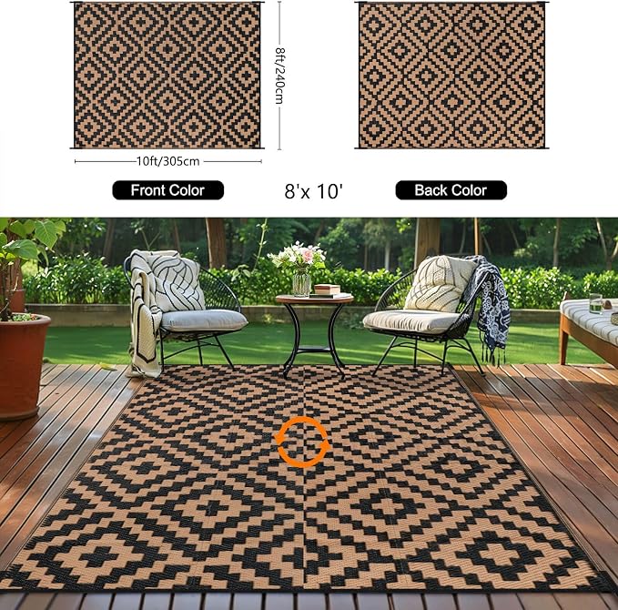 Outdoor Patio Plastic Straw Rug - 8x10 ft Outdoor Camping Rug Waterproof Reversible, Area Carpet Patios RV, Outside Porch Balcony Deck for Camper, Black & Brown
