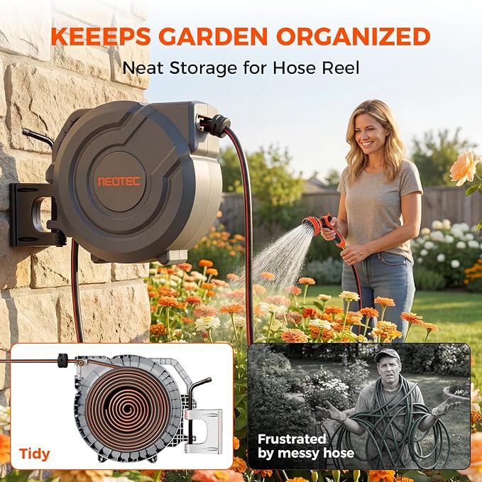 Upgraded Retractable Garden Hose Reel 1/2 inch x 155 ft 9 Pattern Nozzle Heavy Duty Metal Bracket Wall-Mounted Any Length Lock Automatic Slow Return 180° Swivel UV Resistant Hose Reels for Outside