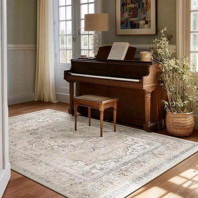 4x6 Washable Area Rugs for Bedroom: Small Living Room Rug with Non Slip Backing Low Pile Soft Faux Wool Distressed Vintage Floral Throw Rugs for Kitchen Entryway Office Dorm Nursery Enytry Indoor