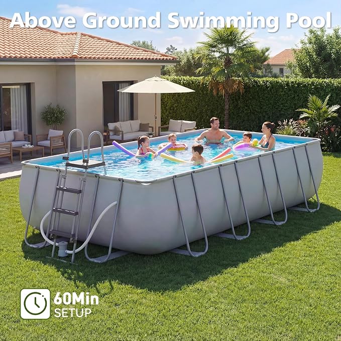 18ft X 9ft Above Ground Pool Set with Removable Ladder and Filter Pump, Rectangular Swimming Pool with Steel Frame for Backyard, Gray