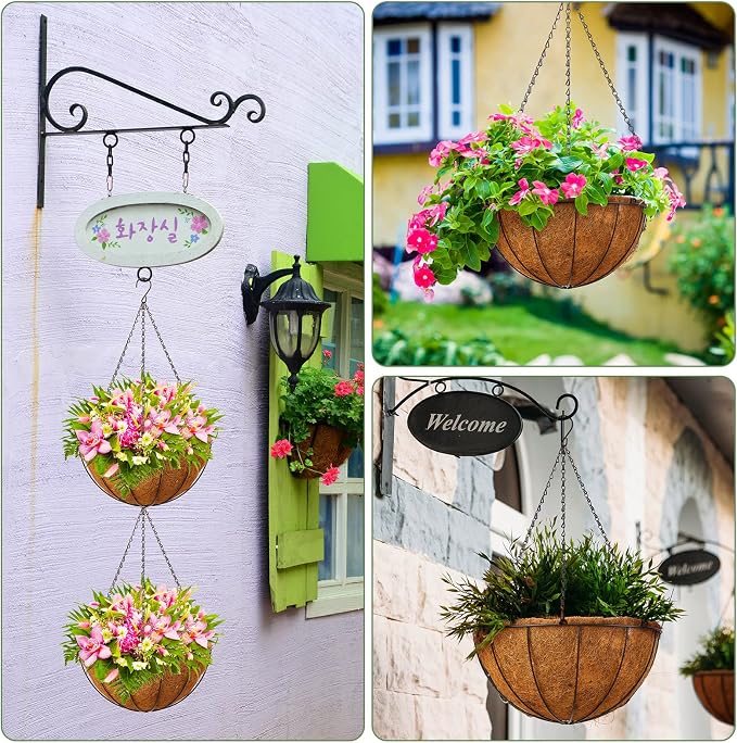 Rtteri 8 Pcs 16 Inch Hanging Baskets for Plants Outdoor with Metal Wire Frame and Coconut Coir Liners, Round Wire Hanging Baskets with Chain for Patio Garden Porch Decoration