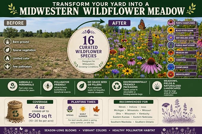 Wisconsin Bulk Perennial and Annual Wildflower Seed Mix 1/8lb Covers 250sq-ft - Attract Pollinators, Multi-Color Non-GMO Blooms - Midwest US Species Plant in Spring/Fall - Earth-Friendly (1/8 Pound)