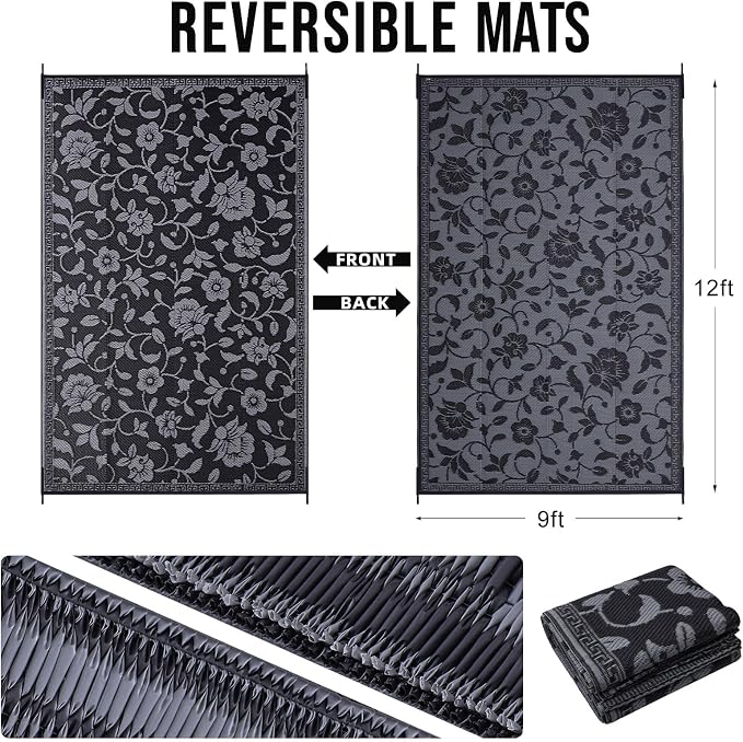 OLANLY Waterproof Outdoor Rug 9x12 ft, Outdoor Plastic Straw Rug with Flower Pattern, Reversible RV Mat for Patio, Camping, Balcony, Deck, Backyard, Black & Grey