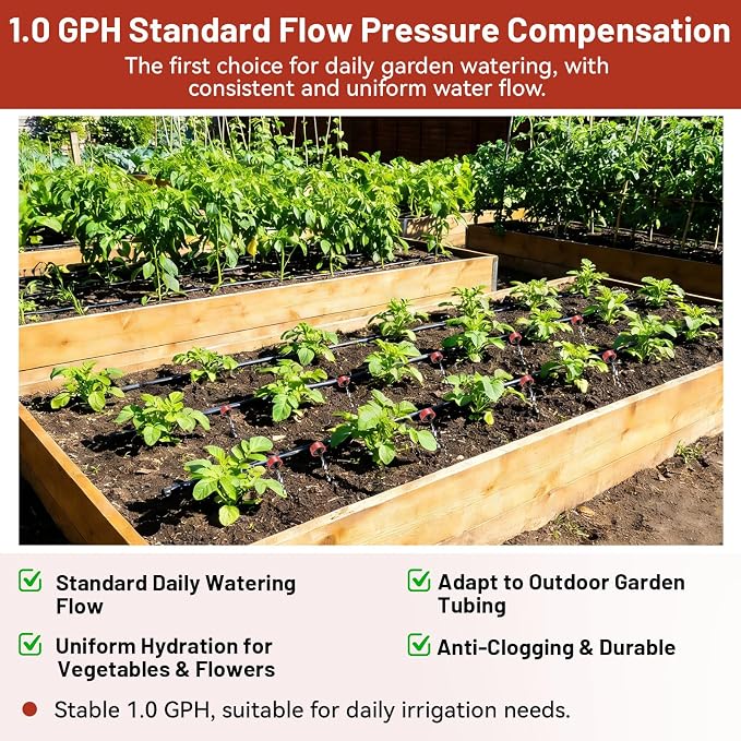 300 PCS 1 GPH Pressure Compensating Drip Irrigation Spot Watering Dripper, Standard Flow Drip Irrigation Emitters Heads for Vegetables Flowers Irrigation Drippers Parts for Outdoor Garden Beds Balcony