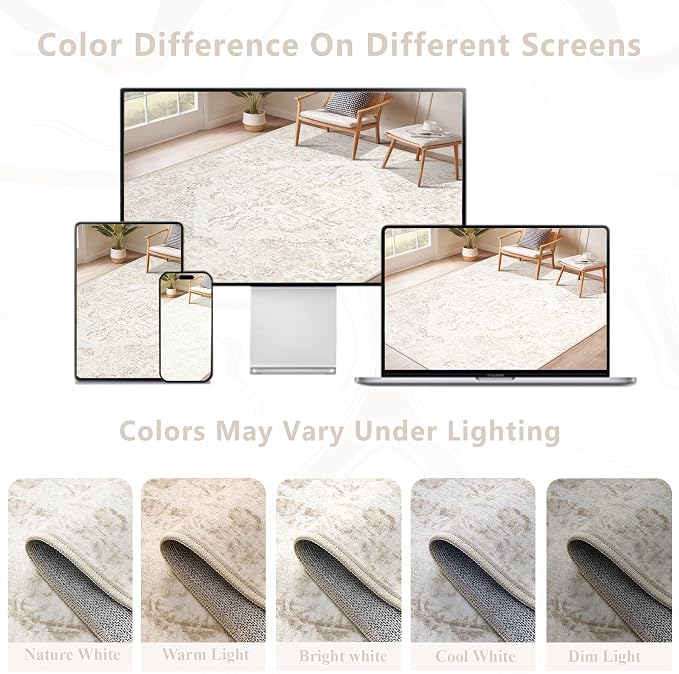 8x10 Area Rugs for Living Room: Washable Rug Vintage Large Rugs Soft Non Slip Low Pile Rug Floral Distressed Floor Carpet for Bedroom Kitchen Nursery Dining Room Home Office (Beige, 8'x10')