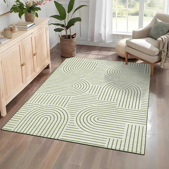 ROYHOME Modern Washable Rug 4x6 Area Rugs for Living Room Non Slip, Green | Abstract Rug for Bedroom, Rainbow Throw Rugs with Rubber Back, Low Pile Stain Resistant Geometric Carpet for Playroom Dorm