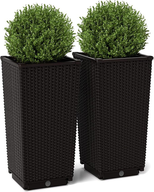Giantex Set of 2 Outdoor Wicker Flower Pot, 23 Inch Tall Planters with Drainage Hole, Self-Watering Tray, Rattan Flower Pots, Indoor Outdoor Decoration for Front Porch Balcony Entryway (Dark Brown)
