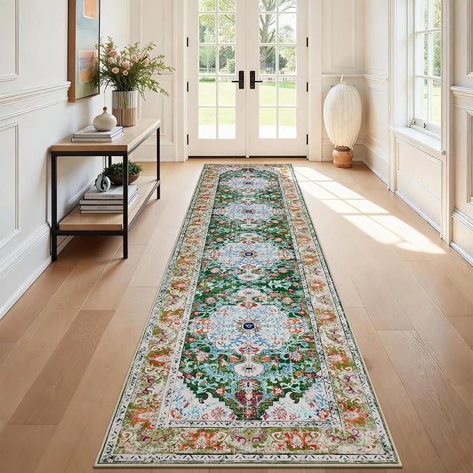 U'Artlines 3'x12' Boho Hallway Runner Rug Non Slip Washable Runners,Green | Vintage Farmhouse Kitchen Rug Accent Area Carpet for Entryway, Dining Room and Living Room