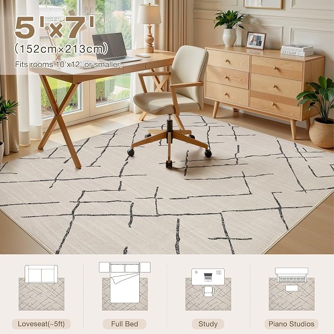 kakania Washable 5x7 Area Rug for Living Room: Boho Geometry Home Decor | Soft Stain Resistant, Low-Pile, Non-Slip, Pet & Kid Friendly, Thin Rug for Bedroom/Dining Room/Kids Dorm - Beige