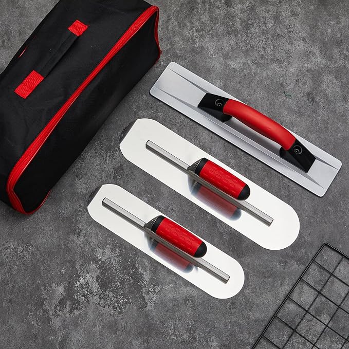 MorningRo 4 Pcs Concrete Hand Tools Set Includes Cement Magnesium Hand Float 16'' x 3-1/8'' Stainless Steel Pool Trowel 16'' x 4'' & 14'' x 4'' Flat Concrete Finishing Trowel and Tool Bag