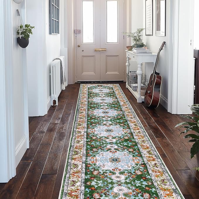 U'Artlines 2'x14' Boho Hallway Runner Rug Non Slip Washable Runners,Green | Vintage Farmhouse Kitchen Rug Accent Area Carpet for Entryway, Dining Room and Living Room